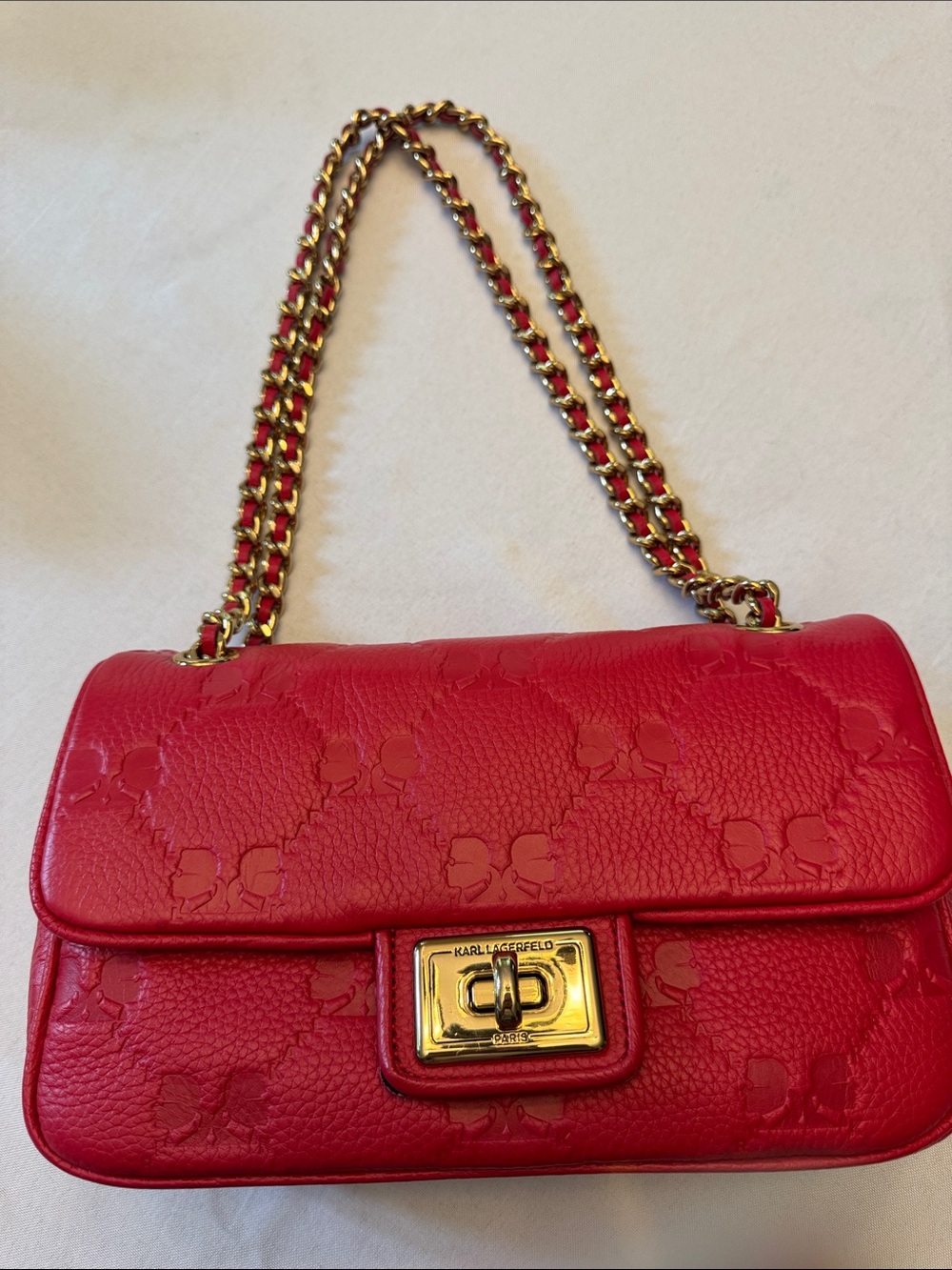 Karl Lagerfeld Red Quilted Chain Strap Shoulder Bag with Gold Hardware